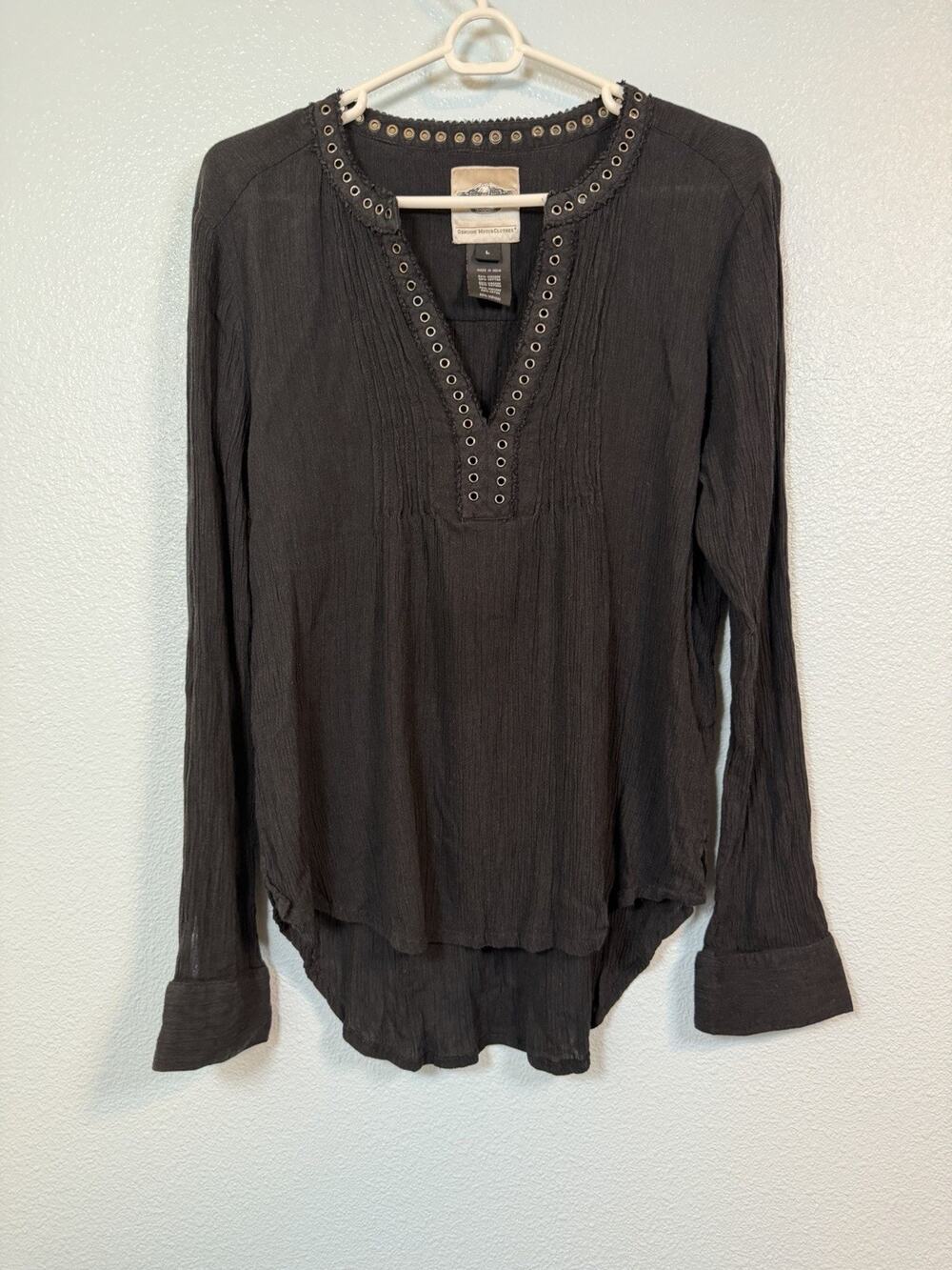 Harley Davidson Women’s L Black Gauze Tunic Blouse Grommet Boho Biker Top